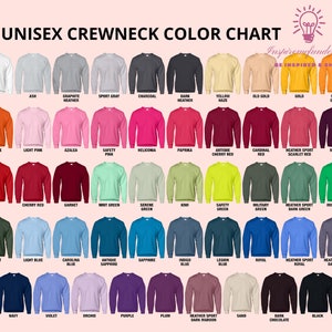 Puede incluir: Carta de colores que muestra 40 colores diferentes de sudaderas con cuello redondo unisex. Los colores incluyen blanco, ceniza, gris jaspeado grafito, gris deportivo, carb&oacute;n, gris oscuro, amarillo neblina, oro viejo, oro, naranja de seguridad, naranja, rosa claro, azalea, rosa de seguridad, heliconia, paprika, rojo cereza antiguo, rojo cardenal, rojo escarlata deportivo jaspeado, granate, rojo, rojo cereza, granate, verde menta, verde sereno, kiwi, verde seguridad, verde militar, verde oscuro deportivo jaspeado, verde irland&eacute;s, bosque, azul claro, azul carolina, zafiro antiguo, zafiro, azul &iacute;ndigo, azul legi&oacute;n, azul real, azul real deportivo jaspeado, azul marino oscuro deportivo jaspeado, azul marino, violeta, orqu&iacute;dea, morado, ciruela, marr&oacute;n oscuro deportivo jaspeado, arena, chocolate de corteza, y negro.