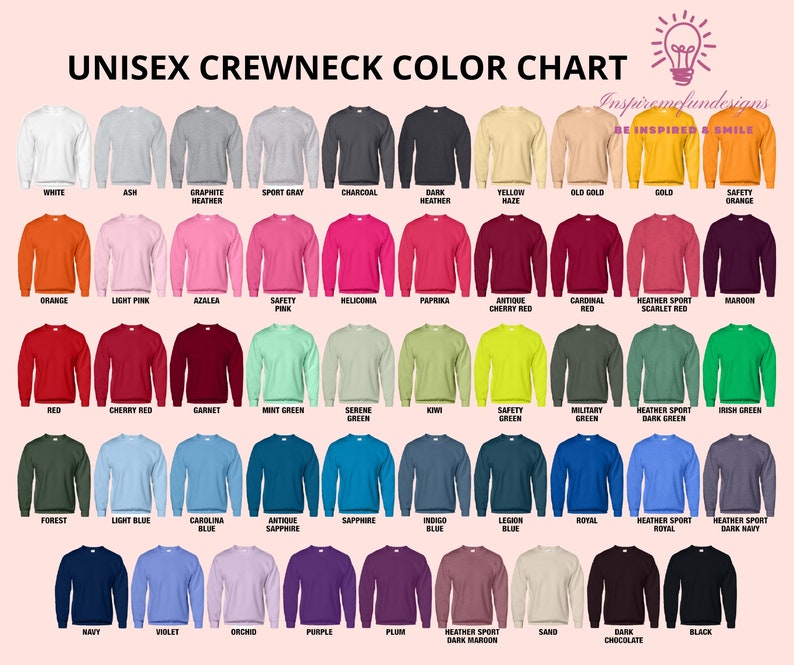 Puede incluir: Carta de colores que muestra 40 colores diferentes de sudaderas con cuello redondo unisex. Los colores incluyen blanco, ceniza, gris jaspeado grafito, gris deportivo, carb&oacute;n, gris oscuro, amarillo neblina, oro viejo, oro, naranja de seguridad, naranja, rosa claro, azalea, rosa de seguridad, heliconia, paprika, rojo cereza antiguo, rojo cardenal, rojo escarlata deportivo jaspeado, granate, rojo, rojo cereza, granate, verde menta, verde sereno, kiwi, verde seguridad, verde militar, verde oscuro deportivo jaspeado, verde irland&eacute;s, bosque, azul claro, azul carolina, zafiro antiguo, zafiro, azul &iacute;ndigo, azul legi&oacute;n, azul real, azul real deportivo jaspeado, azul marino oscuro deportivo jaspeado, azul marino, violeta, orqu&iacute;dea, morado, ciruela, marr&oacute;n oscuro deportivo jaspeado, arena, chocolate de corteza, y negro.