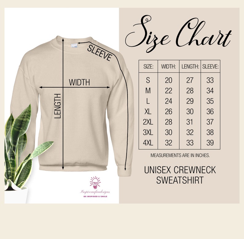 May include: Beige unisex crewneck sweatshirt with size chart showing measurements in inches for sizes S through 4XL. The chart shows width, length, and sleeve length.