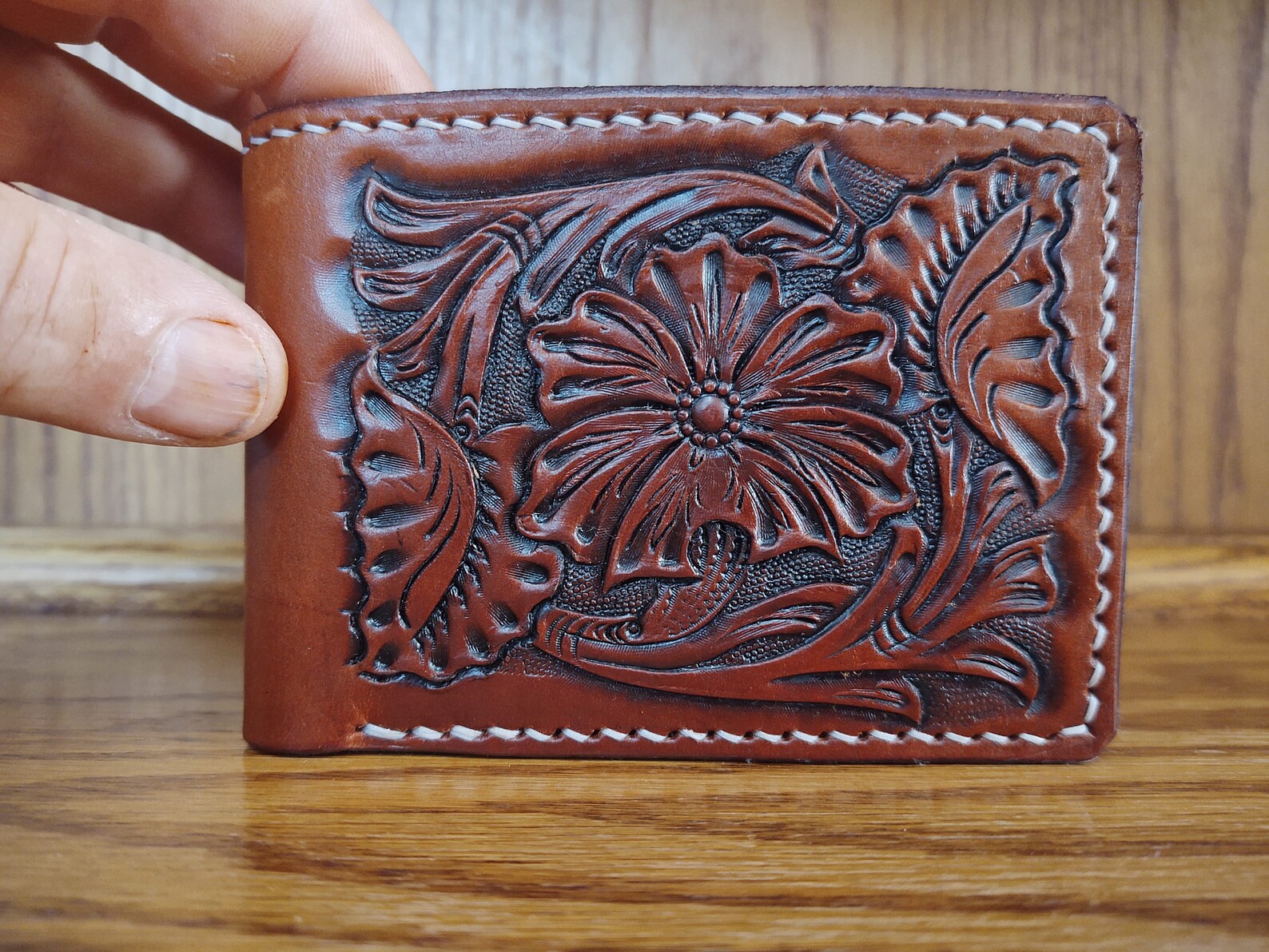 Bifold Wallet hand tooled leather in Sheridan style. Etsy