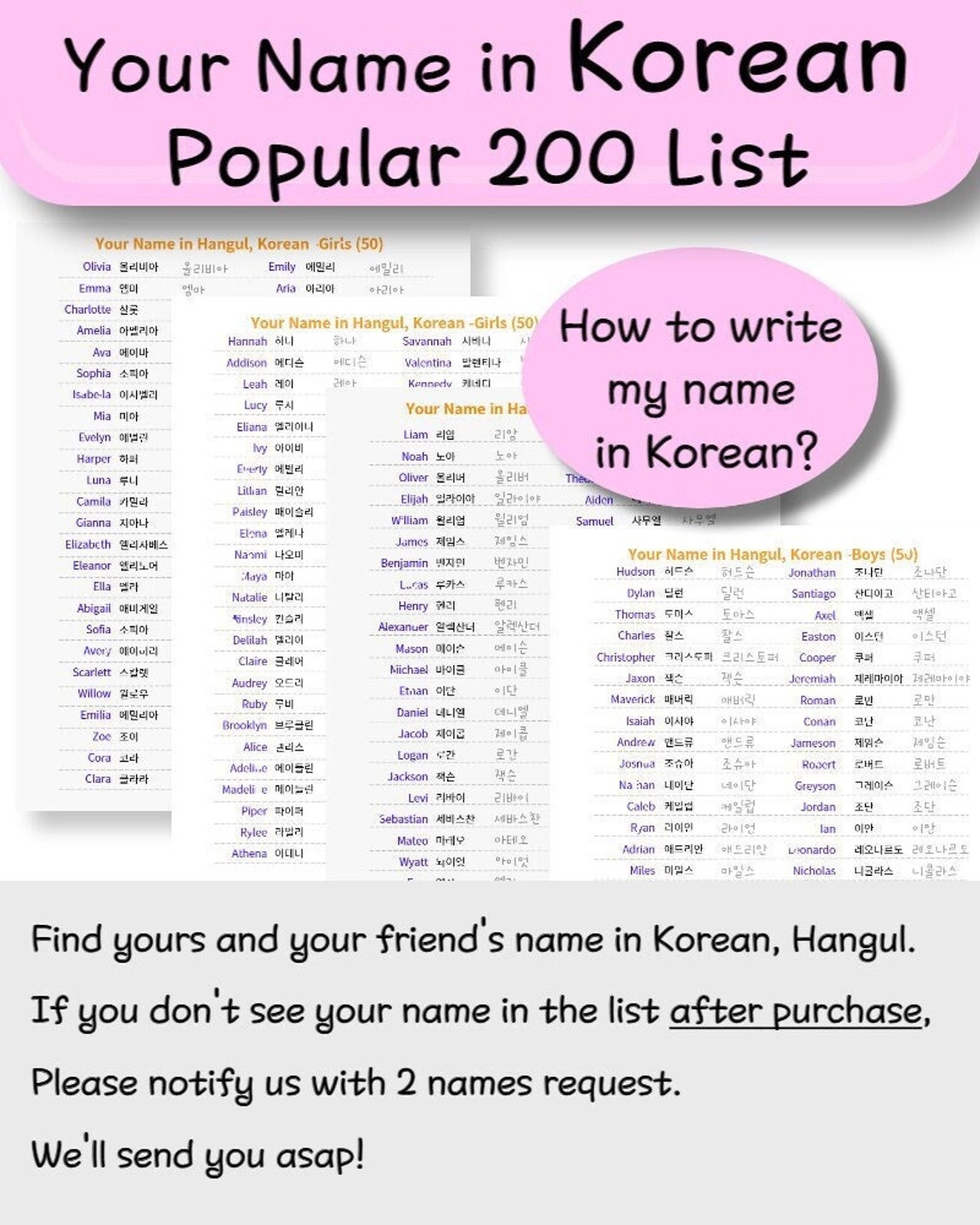 My Name in Korean / Popular Name 200 in Korean / Hangul Etsy