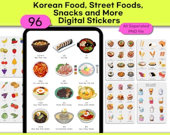 Korean Food, Street Foods, Snacks and More Digital Stickers in Korean_English / 96 PNG files