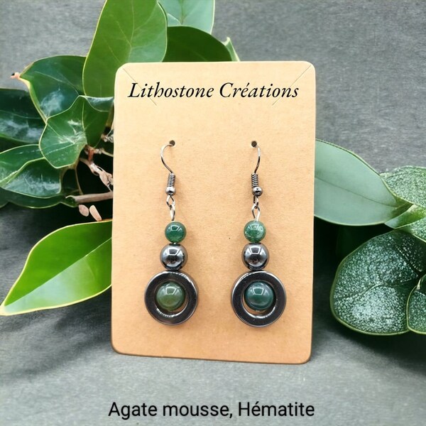 Boucles d'oreilles. Hématite. Agate mousse. Fait main