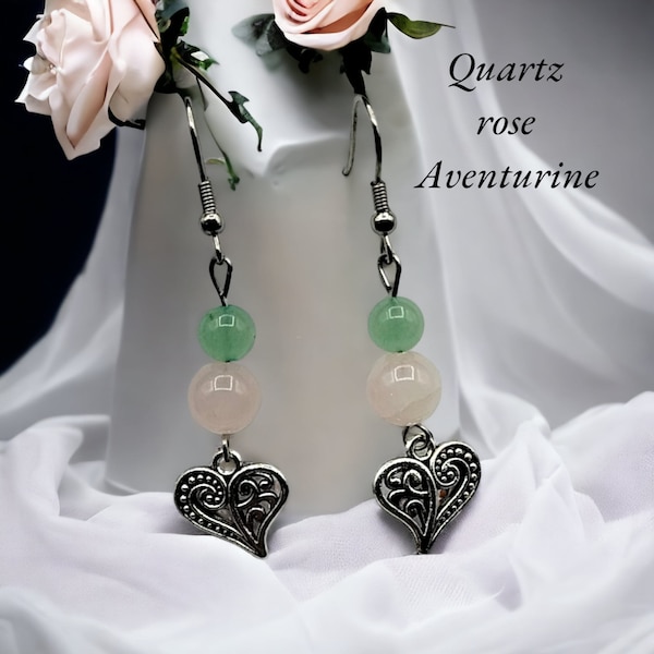 Boucles d'oreilles en Pierres Naturelles. Aventurine, Quartz rose. Fait main