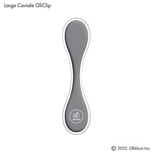 May include: A grey, flexible Oliblock paperclip shaped like a teardrop. The paperclip has a white outline and the Oliblock logo in white.
