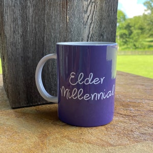ELDER MILLENNIAL Coffee Mug 15oz (Purple/White)