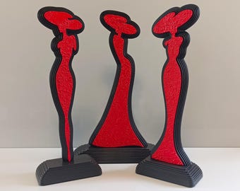 Handmade Abstract Woman Sculpture: Layered Red & Black Wood Art