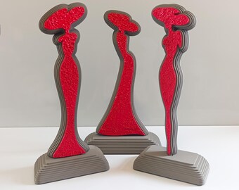 Handmade Abstract Woman Sculpture: Red Concrete Texture, Gray Wood Base