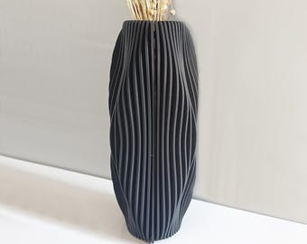 Tall Black Wooden Floor Vase: Modern Wavy Decor