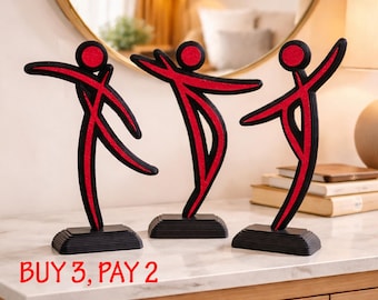 Handmade Abstract Wooden Sculpture, Red Black Accent Decor