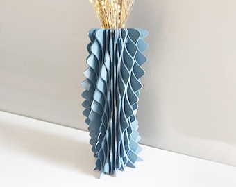 Vase pour sol en bois bleu ondulé fait main : décoration sculpturale moderne pour la maison