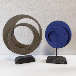 Concrete & Wood Circle Sculpture Set: Modern Abstract Table Decor