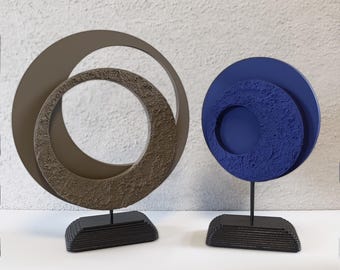Concrete & Wood Circle Sculpture Set: Modern Abstract Table Decor