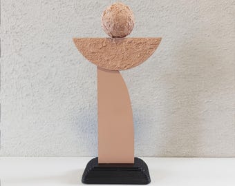 Modern Abstract Wood Sculpture: Geometric Concrete Texture, Customizable Colors