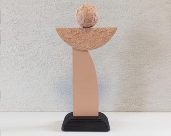 Handmade Geometric Wood Sculpture: Concrete Finish, Modern Minimalist Art