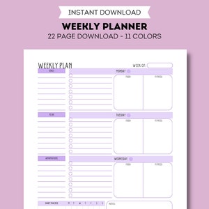 May include: A printable weekly planner with a lavender color scheme. The planner includes sections for goals, to do, affirmations, habit tracker, food, fitness, and notes. The text "WEEK OF:" is at the top of the page.