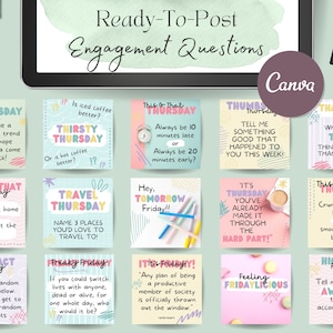 May include: A set of 12 colorful social media post templates for Instagram or other social media platforms. The templates feature different themes for each day of the week, including "Thirsty Thursday", "Travel Thursday", "Fun Fact Friday", and "High Five Friday".