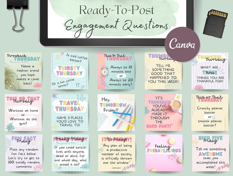 May include: A set of 12 colorful social media post templates for Instagram or other social media platforms. The templates feature different themes for each day of the week, including "Thirsty Thursday", "Travel Thursday", "Fun Fact Friday", and "High Five Friday".