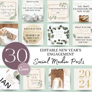 May include: A set of 30 editable social media post templates for New Year's engagement. The templates feature a green background with gold text and images of greenery, ornaments, and a calendar.