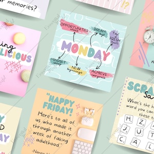 May include: A set of colorful digital planner stickers with motivational quotes and phrases. The stickers feature a variety of designs, including a rainbow, a heart, and a star. The text on the stickers includes phrases like "Feeling Fridaylicious", "Happy Friday", "This or That", "Monday", and "Scrabble Saturday".