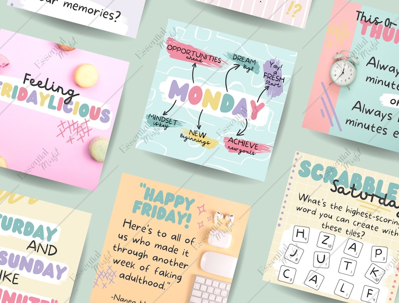 May include: A set of colorful digital planner stickers with motivational quotes and phrases. The stickers feature a variety of designs, including a rainbow, a heart, and a star. The text on the stickers includes phrases like "Feeling Fridaylicious", "Happy Friday", "This or That", "Monday", and "Scrabble Saturday".