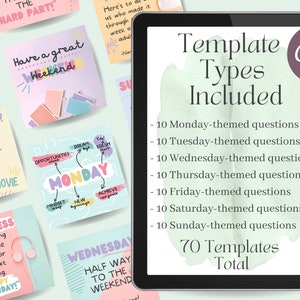 May include: A digital tablet screen displaying a Canva template for social media posts. The template is green and white with the text "Template Types Included" and a list of 70 templates, including 10 for each day of the week. The text "Canva" is in a purple circle in the upper right corner.