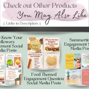May include: A digital screen displaying a collection of social media post templates for engaging with followers. The templates feature various themes, including "Get To Know Your Followers", "Food Themed", and "Summertime".
