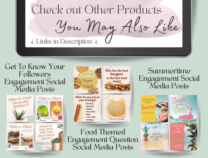 May include: A digital screen displaying a collection of social media post templates for engaging with followers. The templates feature various themes, including "Get To Know Your Followers", "Food Themed", and "Summertime".