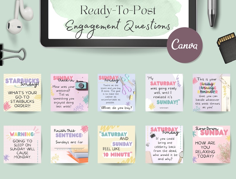 May include: A set of nine colorful digital social media post templates with text prompts for engagement questions. The templates feature a variety of colors, fonts, and graphics, including a camera, scissors, and a coffee cup. The text prompts include questions about Starbucks orders, weekend activities, and favorite things.