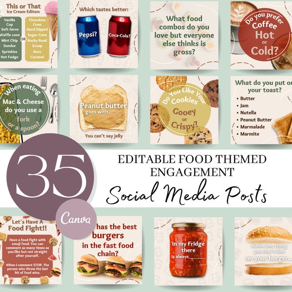 Food Themed Engagement Posts, Social Media Engagement Posts, Social Media Graphics, Editable Canva Templates, Canva Social Media, Instagram
