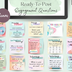 May include: A colorful digital graphic with 12 different squares, each with a different question for a social media post. The questions are related to food, friendship, happiness, and fun. The graphic is designed to encourage engagement on social media.