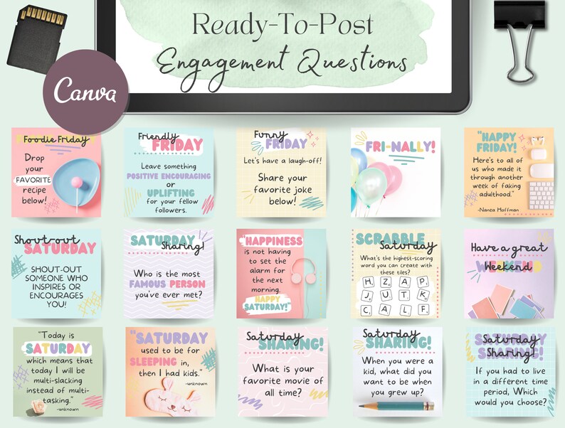 May include: A colorful digital graphic with 12 different squares, each with a different question for a social media post. The questions are related to food, friendship, happiness, and fun. The graphic is designed to encourage engagement on social media.