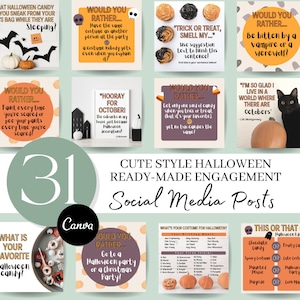 May include: A collection of 31 social media post templates for Halloween. The templates feature a variety of fun and engaging questions and prompts, such as "Would you rather..." and "What is your favourite Halloween candy?" The templates are designed to be used on platforms like Instagram and Facebook.