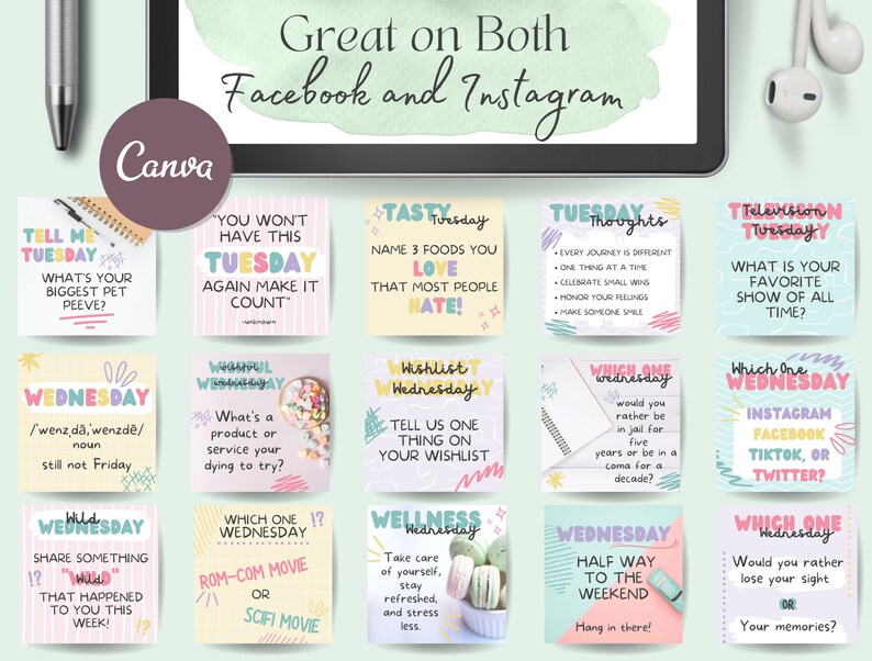 May include: A set of 12 colorful social media post templates for Instagram and Facebook. Each template features a different day of the week, with prompts for users to share their thoughts and experiences. The templates are designed in a fun and engaging style, with bright colors and playful fonts.