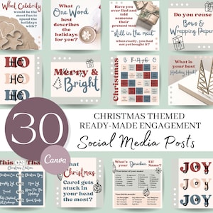 May include: A set of 30 social media post templates for Christmas. The templates feature a variety of festive designs, including a Christmas tree, presents, and the words "Merry & Bright". The templates are designed to help businesses and individuals engage with their followers during the holiday season.