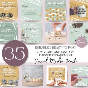 May include: A set of 35 editable social media post templates for New Year's and January. The templates feature a variety of designs with a green and gold color scheme and include text prompts such as "What's your preferred Year's Eve party snack or drink?" and "Do you have any specific traditions on New Year's Eve?"