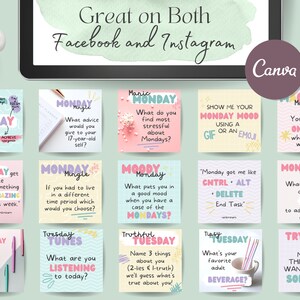 May include: A set of 12 colorful social media post templates with text prompts for Monday and Tuesday. The templates feature a variety of colors and designs, including pink, blue, yellow, and green. The text prompts are designed to encourage engagement and interaction with followers.