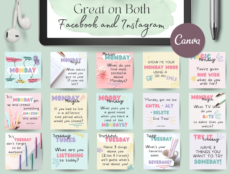 May include: A set of 12 colorful social media post templates with text prompts for Monday and Tuesday. The templates feature a variety of colors and designs, including pink, blue, yellow, and green. The text prompts are designed to encourage engagement and interaction with followers.