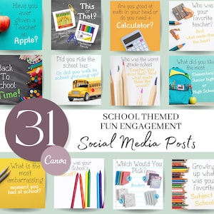 Vragen over sociale media met schoolthema, berichten over schoolbetrokkenheid, berichten op sociale media op Instagram op school, terug naar schoolberichten, Canva-sjablonen,