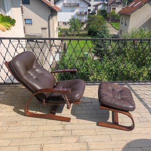Vintage Scandinavian Leather Armchair Lounge Chair and Footstool By Arnt Lande For Westnofa Norway