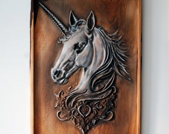 Wooden Unicorn, Horse Head Wall Art, Mythical Creature, Animal, birthday gift for him, wood carvings, wood home decor