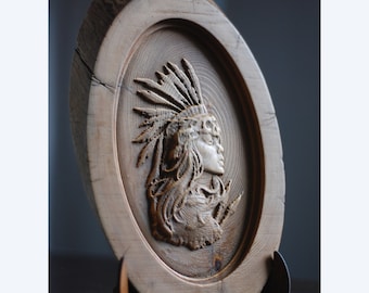 American Woman Warrior, Wood Carving, Hand Carved Art, Wall Art, Home Decor, Wood works, Gift for Him, American Native wall decor