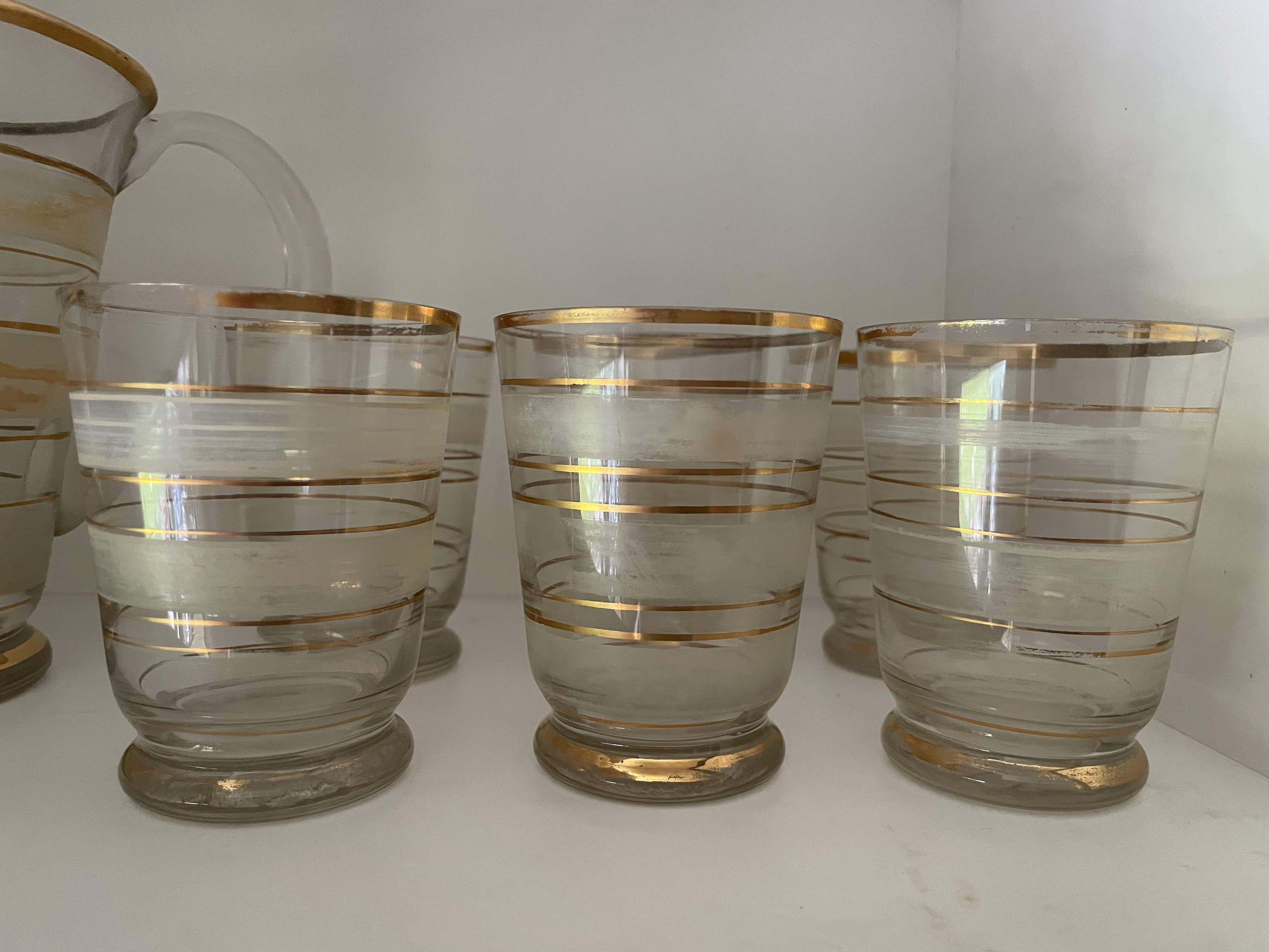 Vintage frosted gold glass jug and 6 matching glasses Etsy