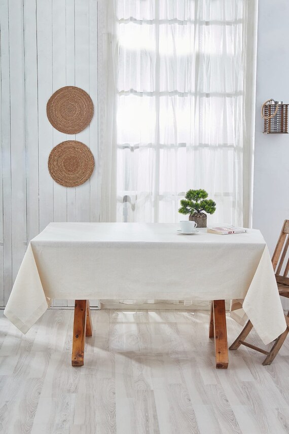 Pure Cotton Table Linen, Natural 100% Cotton Table Cloth 140x180 cm, Linen Tablecloth 4-6 Seater, Plain Table Cover Beige