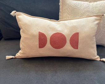 Handcrafted Embroidery Moon Phases Boho Cushion Cover Pure Cotton Solid Cream Beige, New Home Gift Rust Orange Terracotta Soft Furnishing