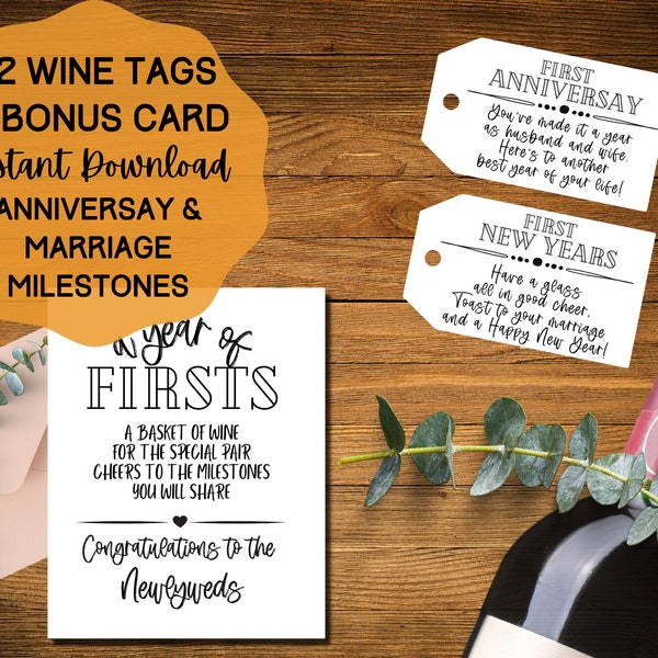 Marriage Milestone Wine Tags Instant Download Printable Wine Gift Tags Rustic Wedding Bridal Shower Cards Wine Labels Wine Anniversary Tags