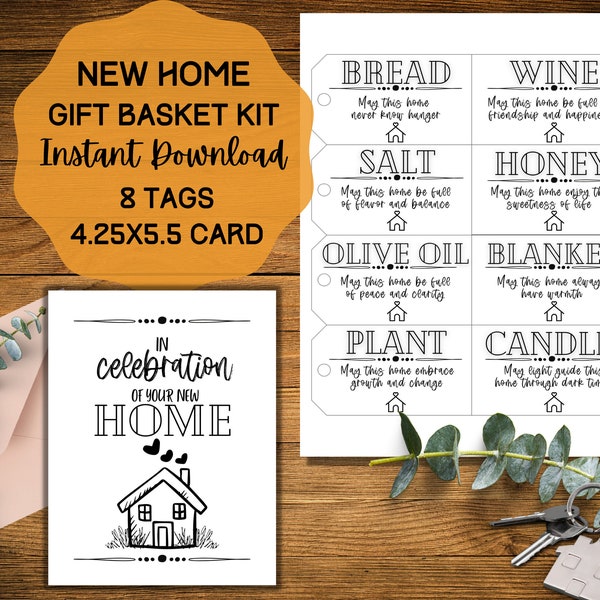 New Home Gift Basket Tags and Card DIY Kit, Housewarming Gift Tags, Housewarming Gift Basket, Printable Gift Tags, INSTANT DOWNLOAD