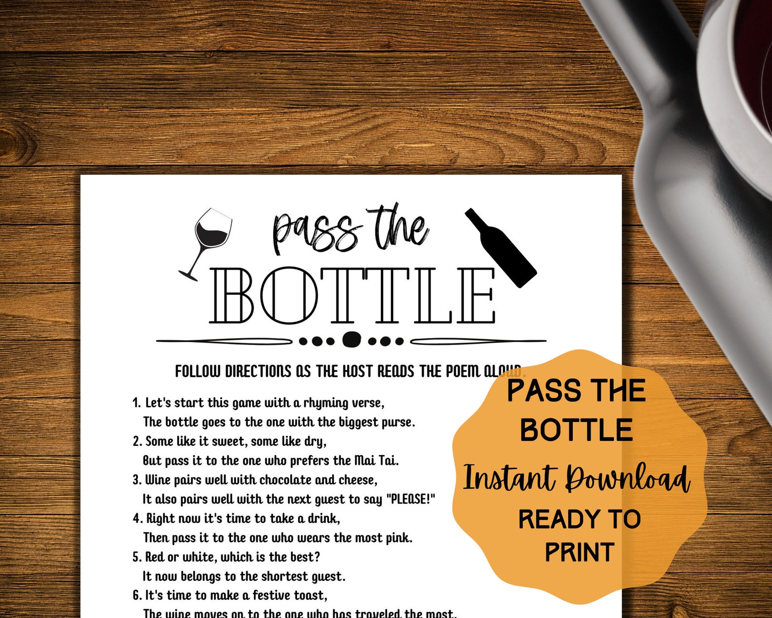 Pass the Bottle Game, Wine Tasting Party, Girls Night Game, Instant