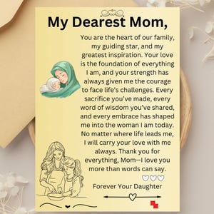 Printable Mothers day cards Gift. Mom Gift From Daughter. Birthday Message Card for Mom. Mom gifts. Card for the Best Mom. Daughter to Mom.