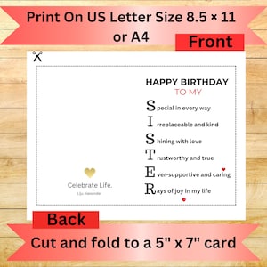 May include: A white card with the text "HAPPY BIRTHDAY TO MY SISTER" and an acrostic poem. The card is designed to be printed on 8.5 x 11 inch paper and folded into a 5 x 7 inch card. The front of the card is visible.